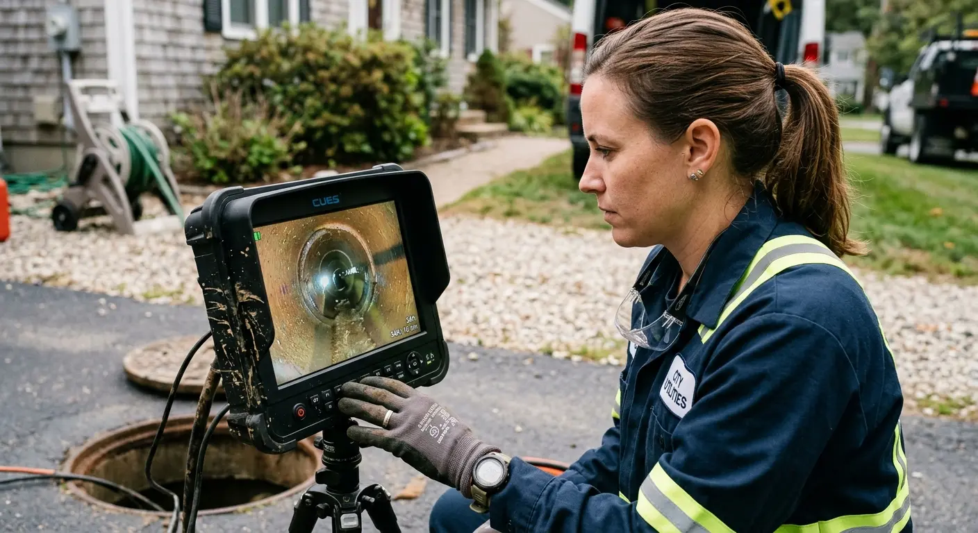 Technician reviewing sewer camera inspection footage in Greeneville