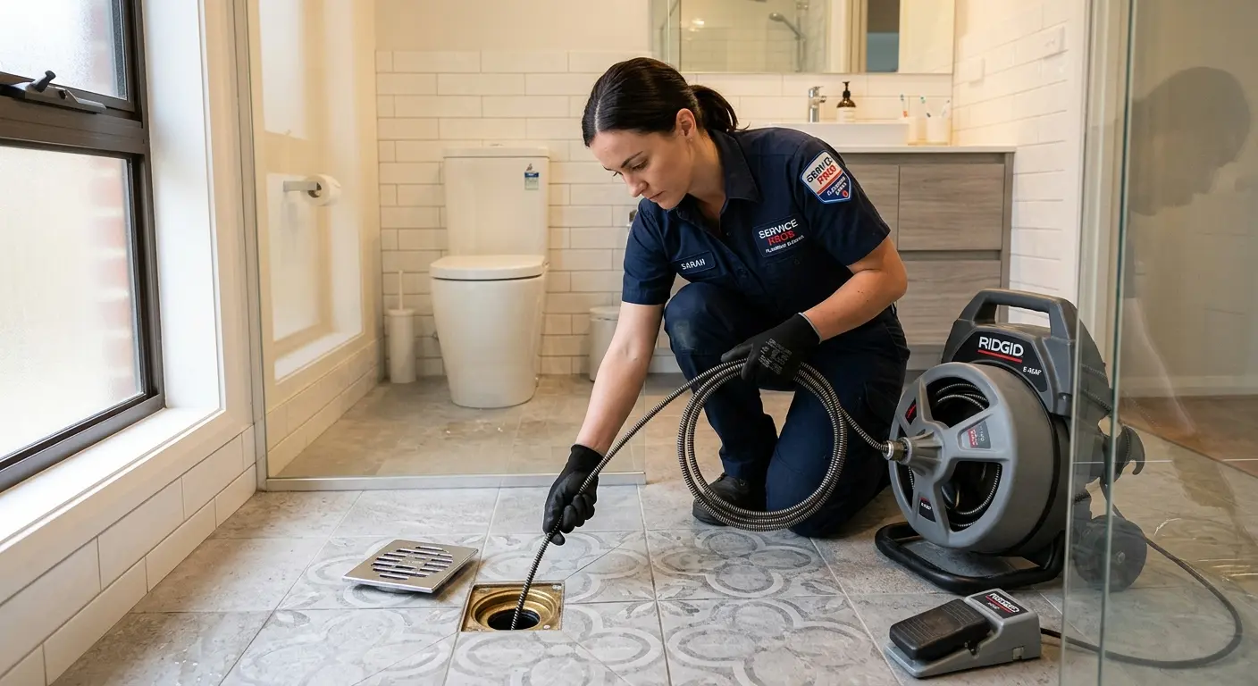 Technician clearing a bathroom floor drain for Drain Cleaning in Greeneville